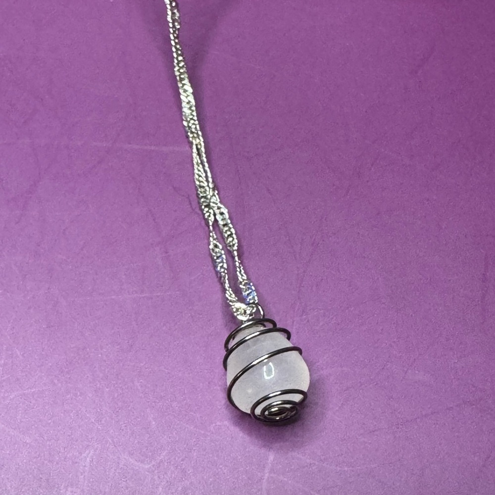 Rose Quartz Necklace Wrapped in Sterling Silver on a Sterling Silver Chain - Picture 2 of 4